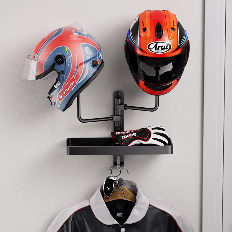 アルミ製ヘルメットホルダー。棚用フック付き。二重ボール式で壁 - Cycling Gear Wall Storage のレビューと価格